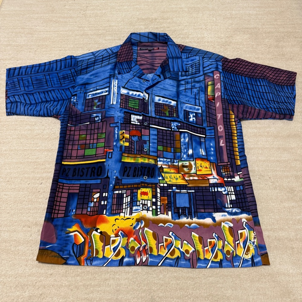 Vintage Y2K Point Zero AOP Shirt City Cyberpunk Short Sleeve Men's XL All-Over